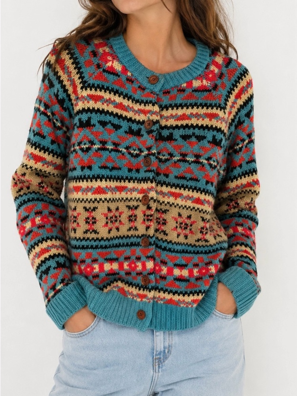 Sundance Fair Isle Geometric Knit Crewneck Cardigan Sweater S Teal Boho Chic